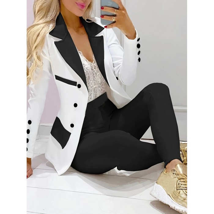 Elegant Color Block Open Front Blazer with Long Sleeve - Women's Outerwear