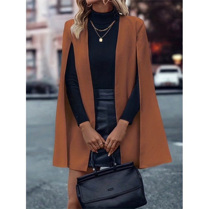Elegant Solid Cape Blazer for Women - Open Front Cloak Sleeve Outwear for Spring & Fall