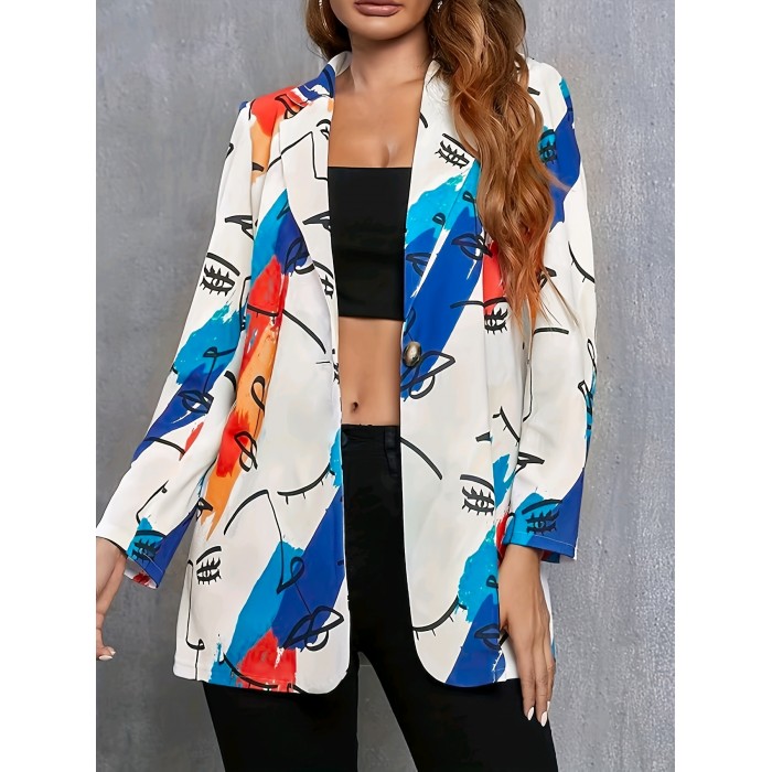 Graphic Print Double Breasted Lapel Neck Blazer, Casual Long Sleeve Blazer For Office & Work, Women's Clothing