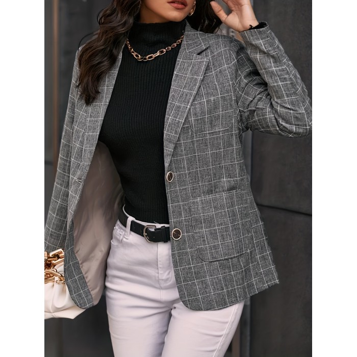 Plaid Print Single Breasted Lapel Blazer, Elegant Patched Pockets Long Sleeve Blazer For Office & Work, Women's Clothing