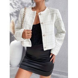 Button Front Plaid Blazer, Elegant Crew Neck Long Sleeve Outerwear, Women's Clothing