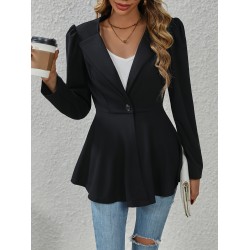 Button Front Flared Blazer, Elegant Notched Collar Long Sleeve Blazer For Office & Work, Women's Clothing