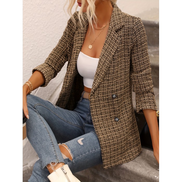 Women's Plaid Double Breasted Long Coat - Elegant Fall & Spring Outerwear