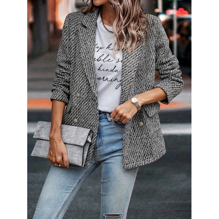 Double Breasted Lapel Blazer, Elegant Long Sleeve Blazer For Office & Work, Women's Clothing