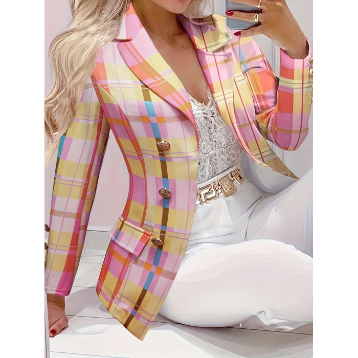 Women's Plaid Print Lapel Blazer - Casual Double Breasted Open Front Outerwear