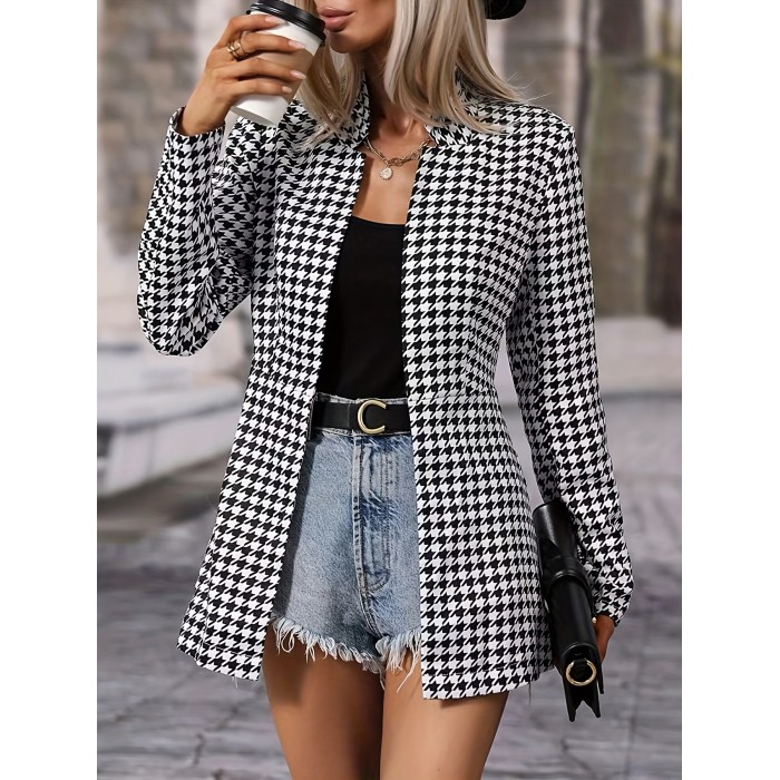 Elegant Houndstooth Print Open Front Blazer for Women - Stylish Long Sleeve Work Office Outerwear