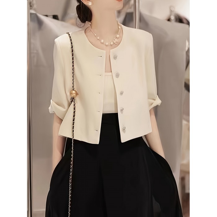 Elegant Women's Solid Half Sleeve Blazer - Stylish Crew Neck Button Front Outerwear