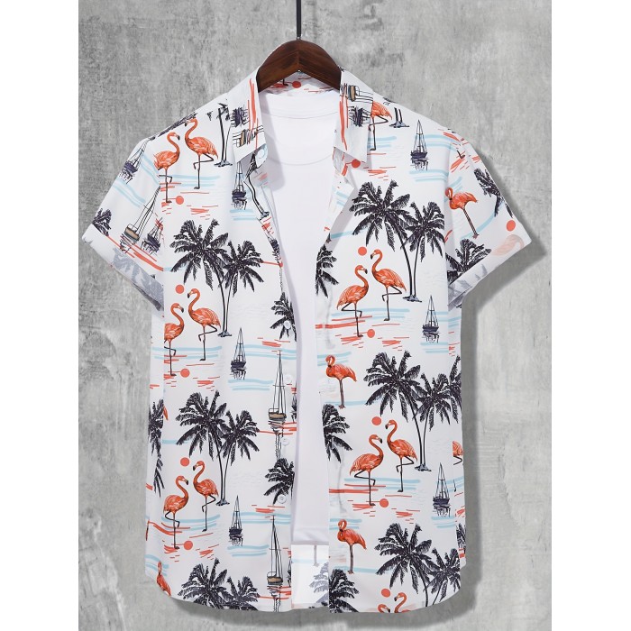 Men's Shirt Top, Flamingo & Coconut Tree Print, Camp Collar Bowling Shirts Short Sleeve Closure Summer Hawaiian Shirt Male Casual Button Up Shirt For Daily Vacation Resorts Beach Shirts For Men