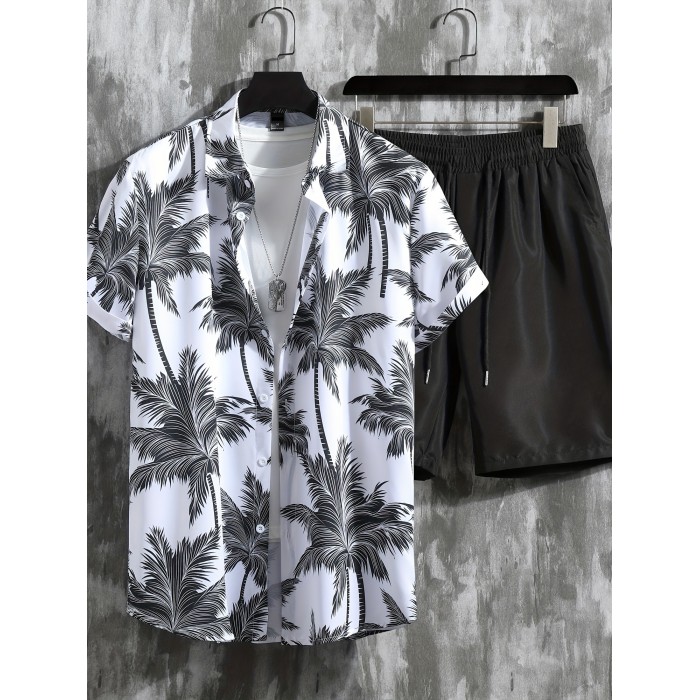 Coconut Palm Print, Men's 2Pcs Outfits, Casual Camp Collar Lapel Button Up Short Sleeve Shirts Hawaii Shirt And Drawstring Shorts Set For Summer, Men's Clothing