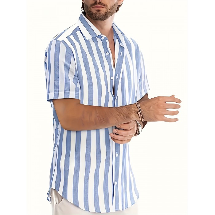 Men's Shirt Top, Vertical Striped Lapel Short Sleeves Closure Summer Male Casual Button Up Shirt For Daily Vacation Resorts Beach Shirts For Men