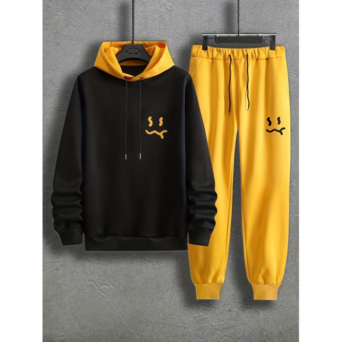 2pcs Men's Smile Face Color Block Print Hoodie and Sweatpants Set - Casual Long Sleeve Pullover for Spring and Fall