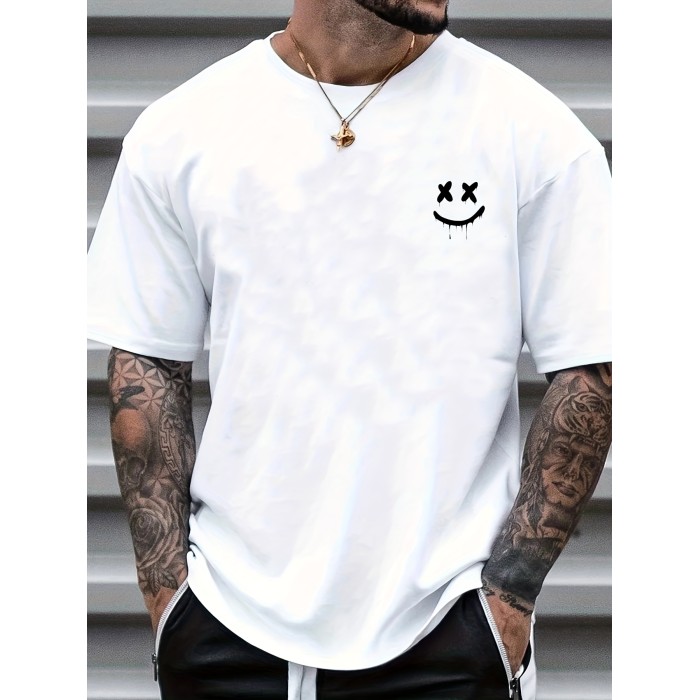Smile Print Men's Graphic Design Crew Neck T-shirt - Casual and Comfy Summer Tee