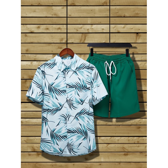 Tropical Leaf Pattern Print, Men's 2Pcs Outfits, Casual Camp Collar Lapel Button Up Short Sleeve Shirts Hawaiian Shirt And Drawstring Shorts Set For Summer, Men's Clothing