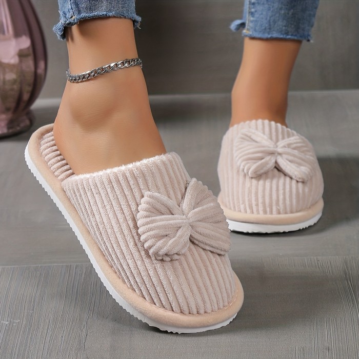 Cozy and Warm Bowknot Soft Sole Fuzzy Slippers - Comfy Closed Toe Home Shoes
