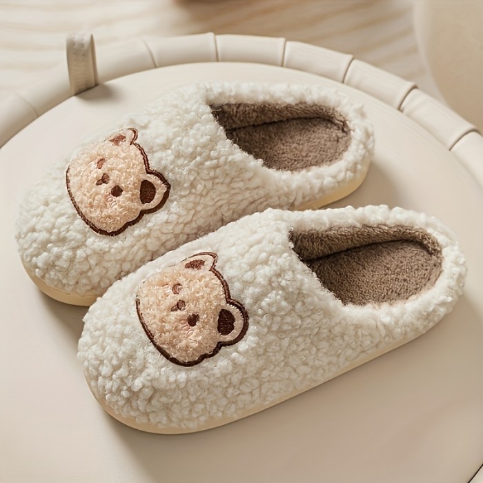 Cozy and Warm Cute Bear Plush Slippers - Closed Toe Slip On House Shoes