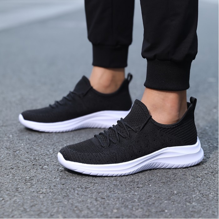 Men's Trendy Solid Woven Knit Breathable Sneakers, Comfy Non Slip Casual Lace Up Shoes For Men's Outdoor Activities