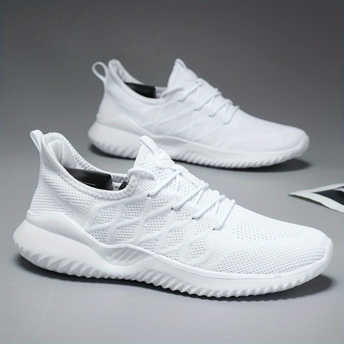 Men's Casual Solid Color Lace Up Woven Shoes, Breathable Lightweight Running Shoes For All Seasons