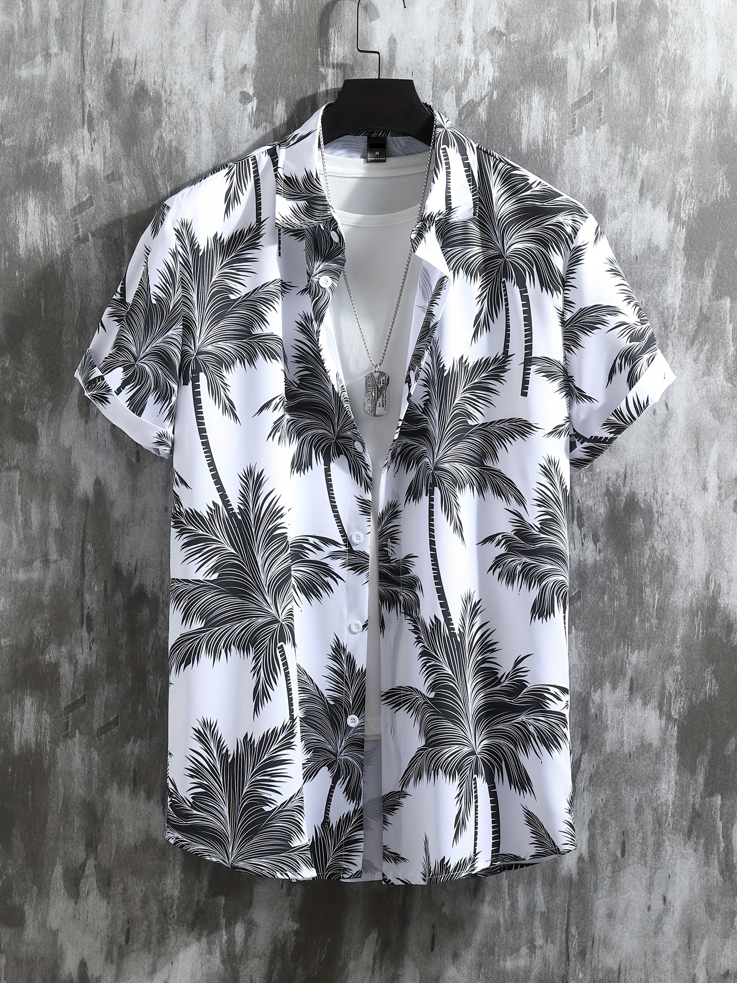 coconut palm print mens 2pcs outfits casual camp collar lapel button up short sleeve shirts hawaii shirt and drawstring shorts set for summer mens clothing details 0