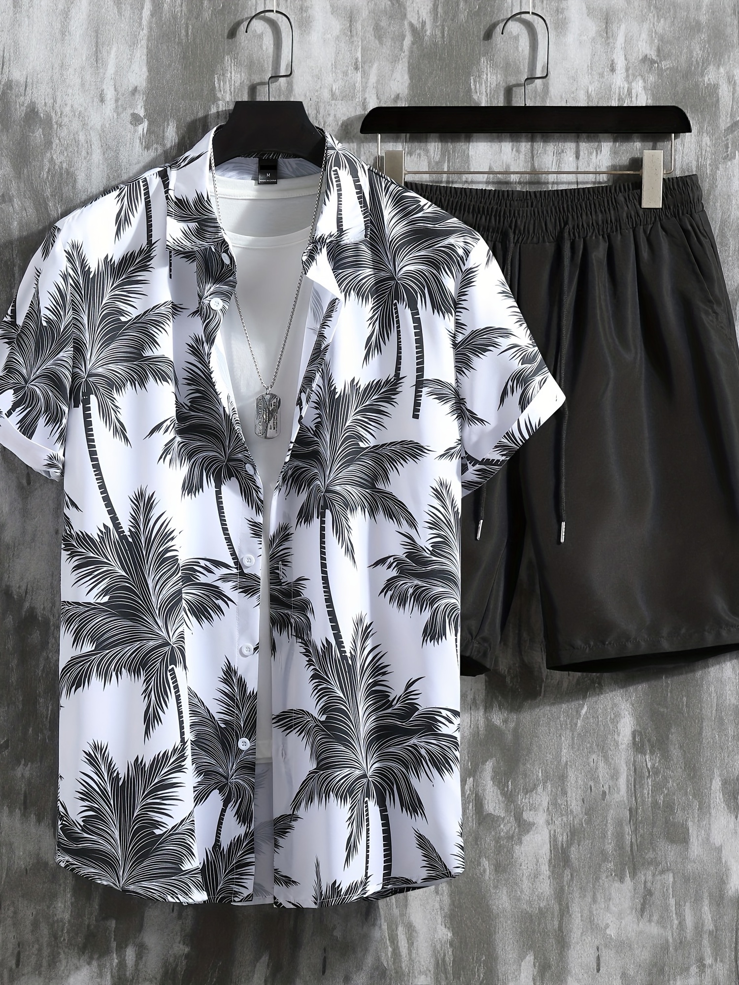 coconut palm print mens 2pcs outfits casual camp collar lapel button up short sleeve shirts hawaii shirt and drawstring shorts set for summer mens clothing details 1