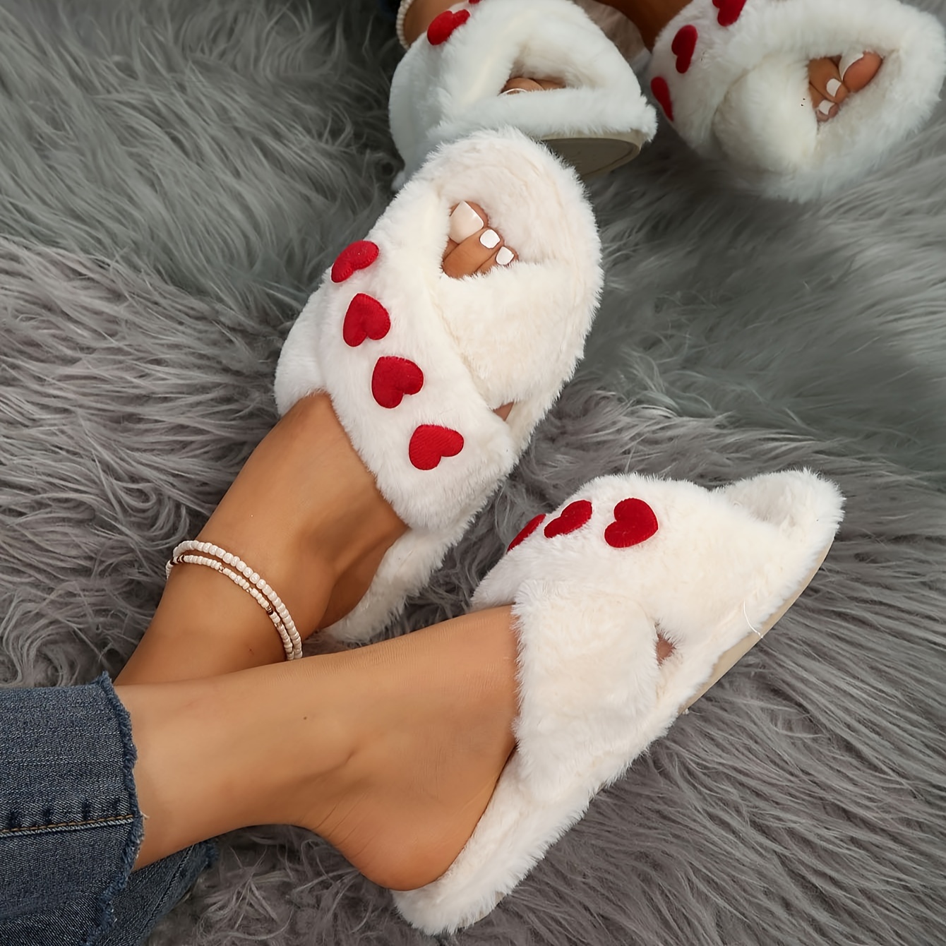 warm heart decor slippers casual open toe plush shoes comfortable indoor home valentines day slippers details 2