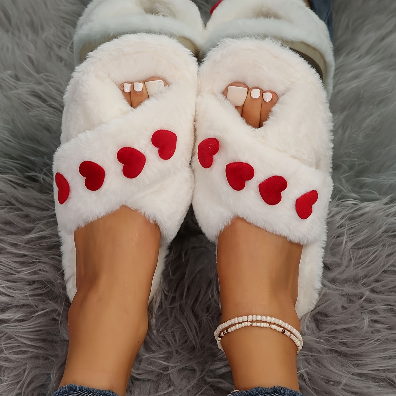 warm heart decor slippers casual open toe plush shoes comfortable indoor home valentines day slippers details 3
