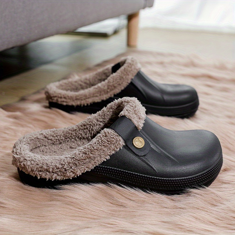 solid color warm home slippers slip on round toe non slip wear resistant thermal lined slides shoes plush indoor shoes details 1