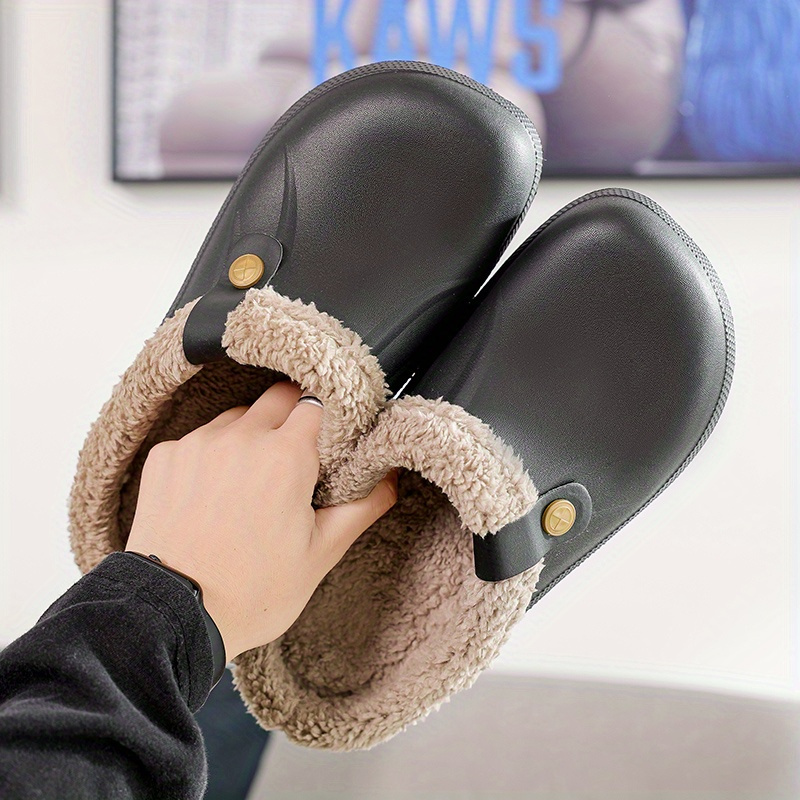 solid color warm home slippers slip on round toe non slip wear resistant thermal lined slides shoes plush indoor shoes details 2