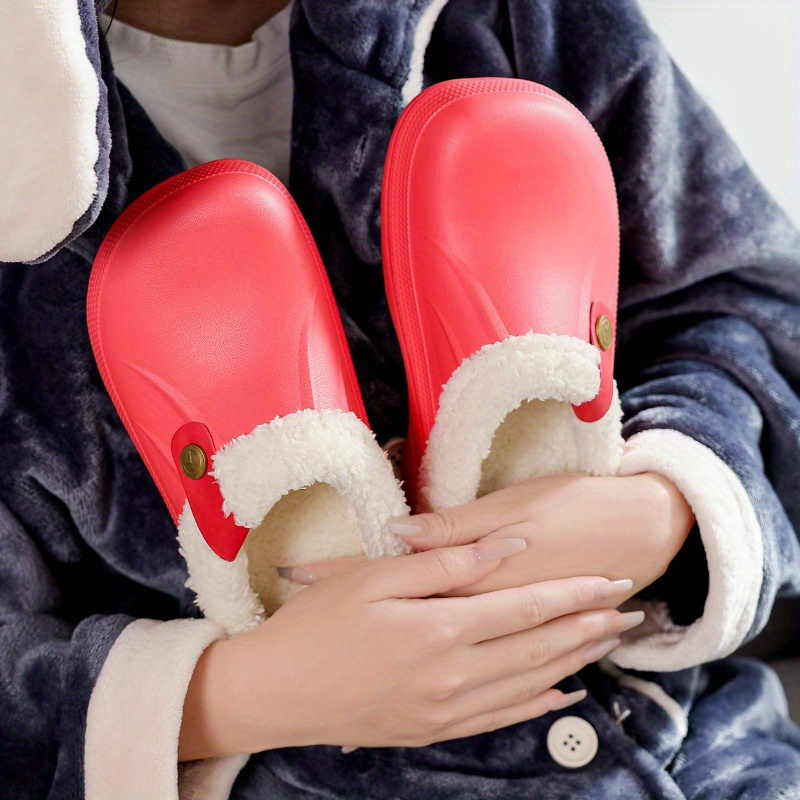 solid color warm home slippers slip on round toe non slip wear resistant thermal lined slides shoes plush indoor shoes details 4