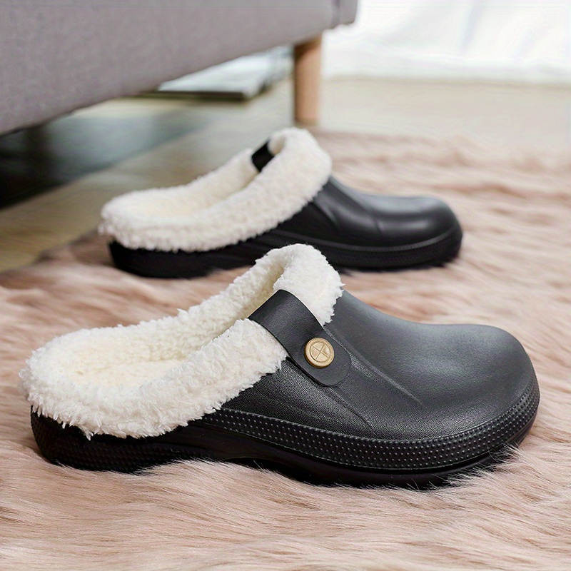 solid color warm home slippers slip on round toe non slip wear resistant thermal lined slides shoes plush indoor shoes details 5
