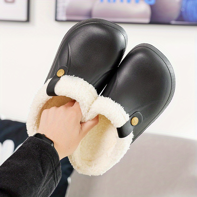 solid color warm home slippers slip on round toe non slip wear resistant thermal lined slides shoes plush indoor shoes details 6