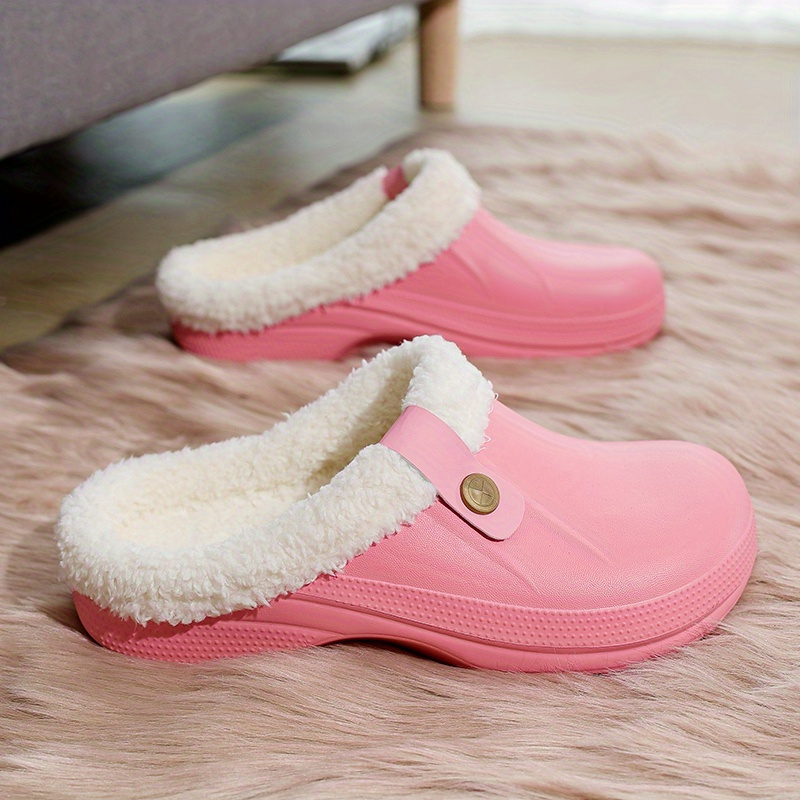 solid color warm home slippers slip on round toe non slip wear resistant thermal lined slides shoes plush indoor shoes details 7
