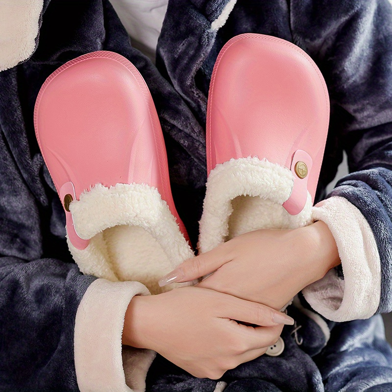 solid color warm home slippers slip on round toe non slip wear resistant thermal lined slides shoes plush indoor shoes details 8