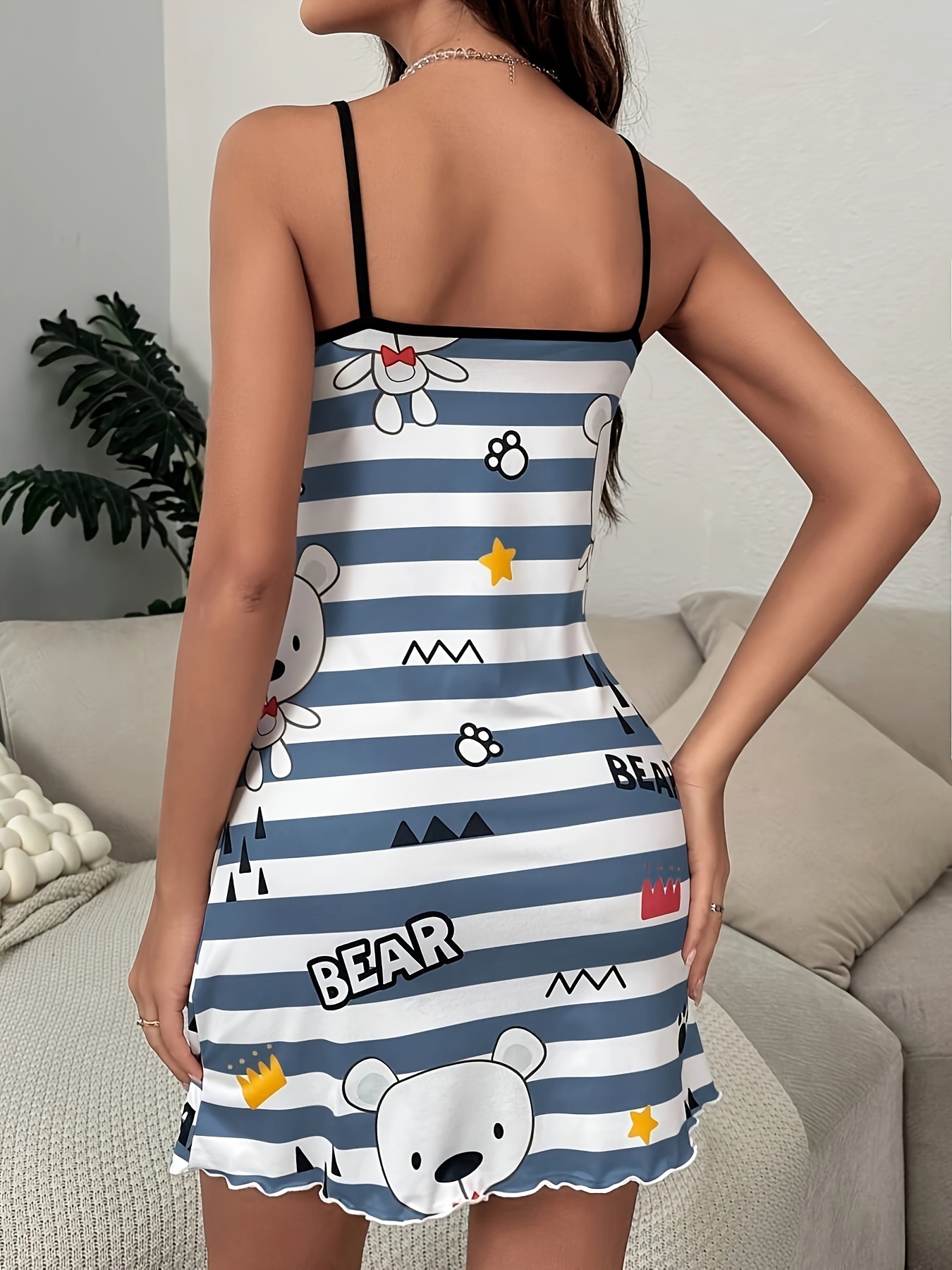 bear print spaghetti strap dress casual sleeveless scoop neck lettuce trim dress for spring summer womens clothing details 1