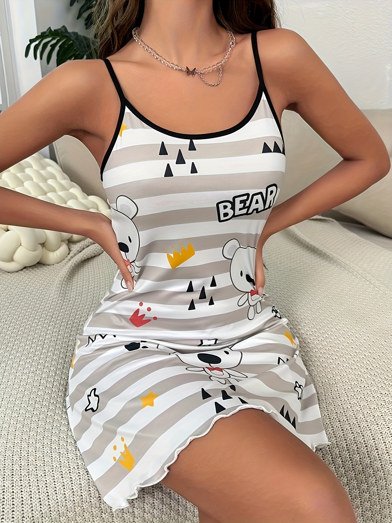 bear print spaghetti strap dress casual sleeveless scoop neck lettuce trim dress for spring summer womens clothing details 10